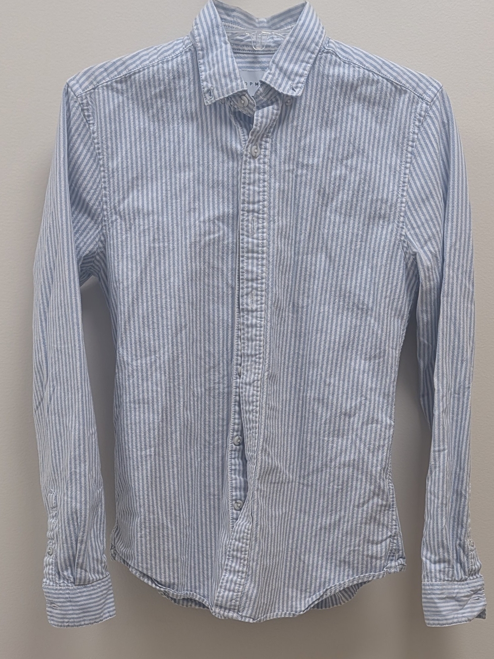 Topman Men's XS Light Blue & White Vertical Striped Long Sleeve Button Up Shirt